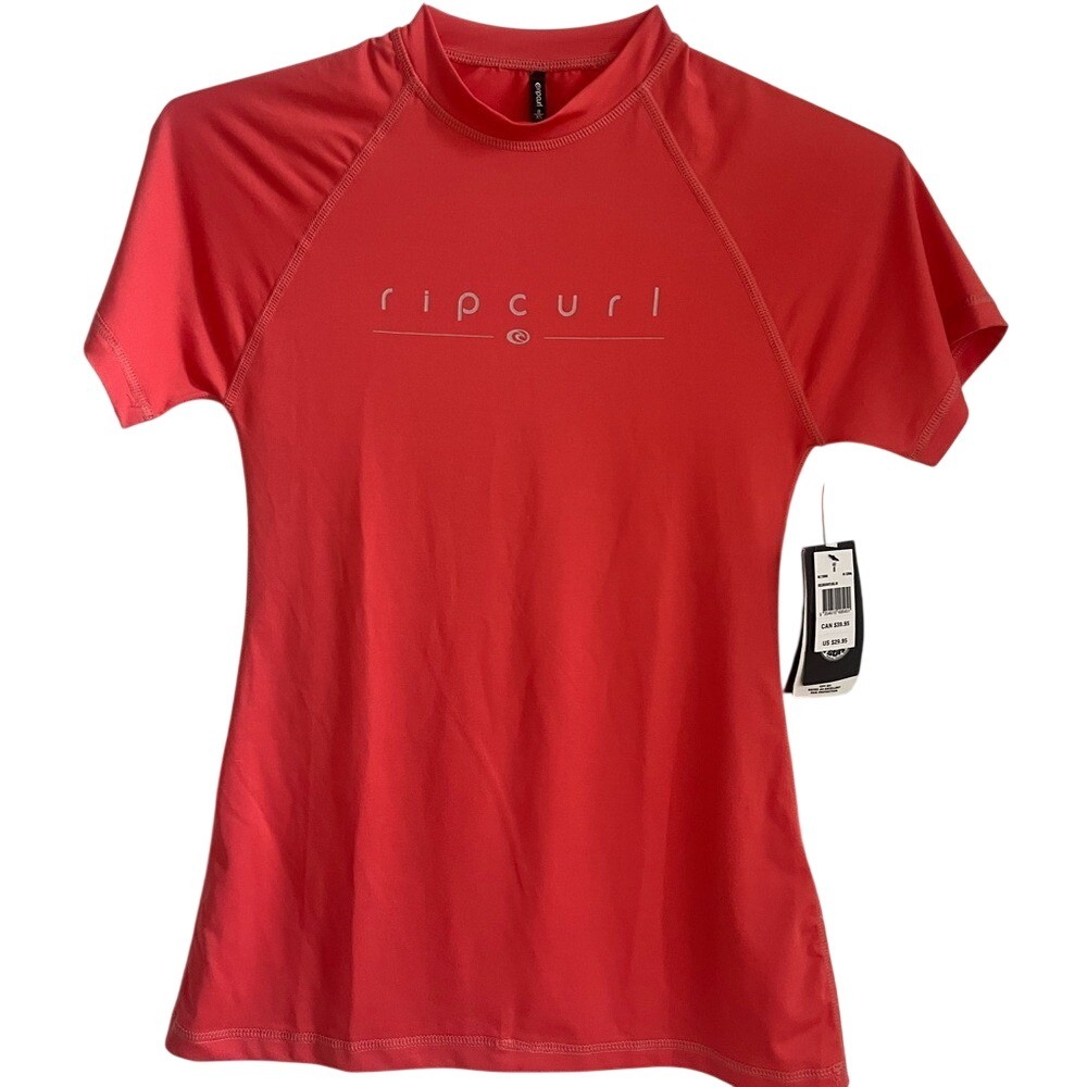 Rip Curl Short Sleeve Golden Rays Surf Rashguard Top Womens XS Coral UPF 50 NWT